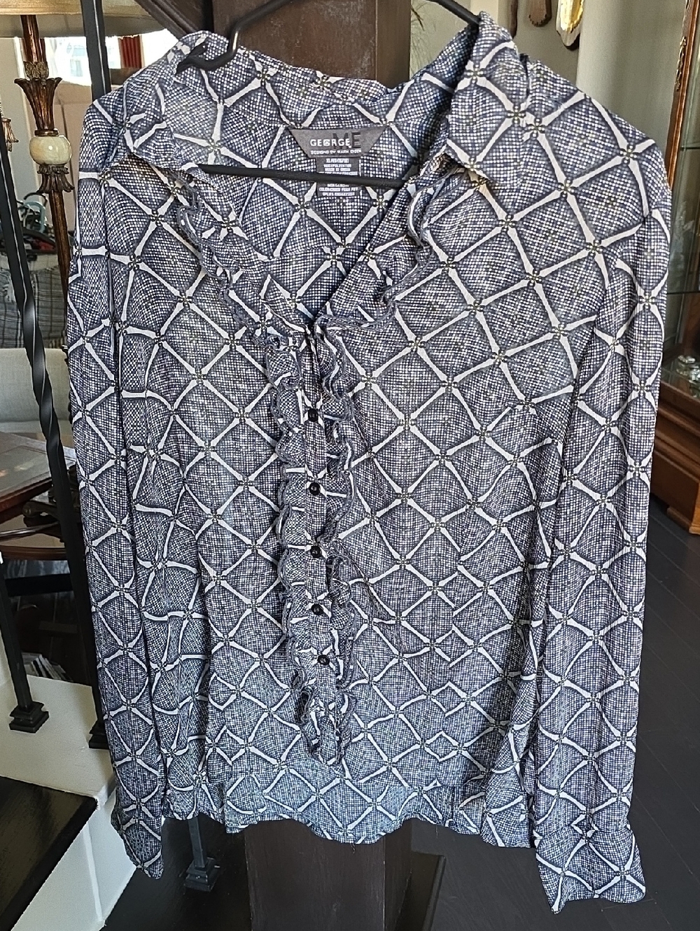 George Navy and White Geometric Ruffle-Tie Top